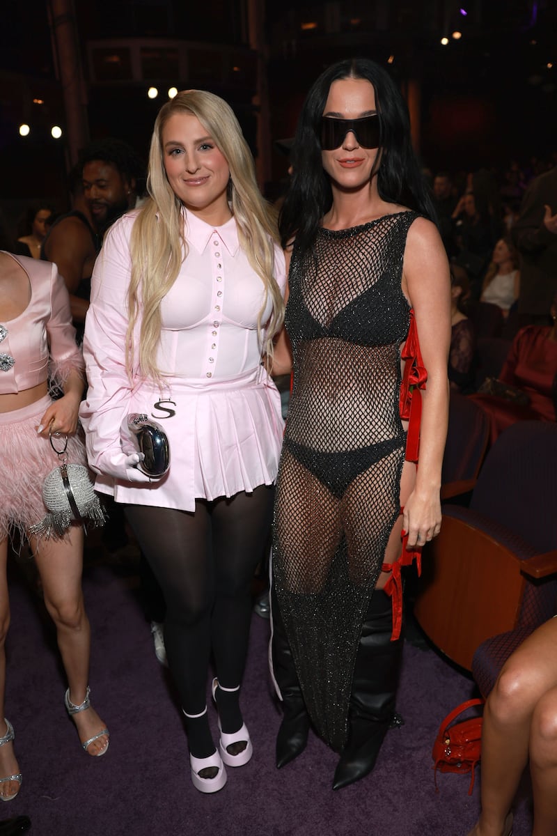 Meghan Trainor with Katy Perry at the 2024 iHeartRadio Music Awards in Los Angeles on April 1, 2024.