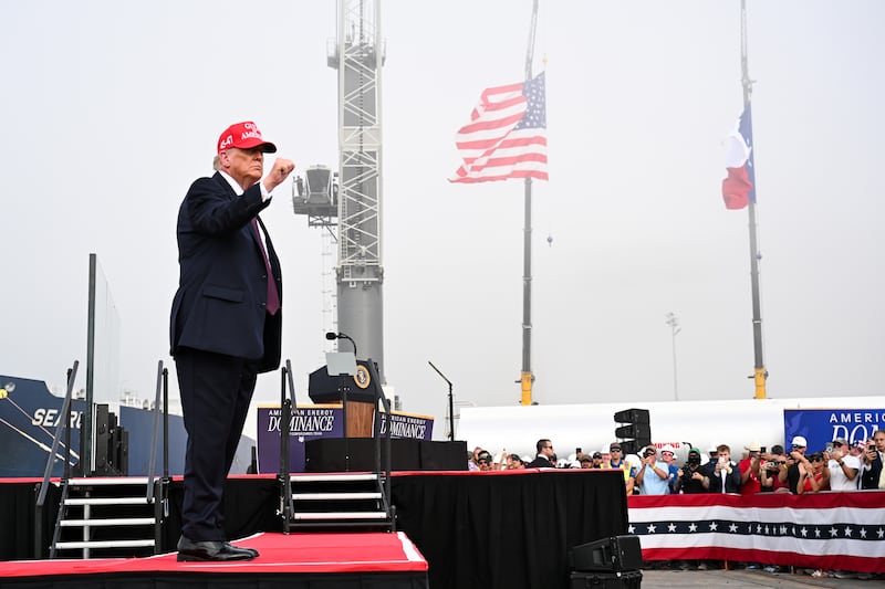 CORPUS CHRISTI, TEXAS - FEBRUARY 27: U.S. President Donald Trump departs after speaking at the Port of Corpus Christi on February 27, 2026 in Corpus Christi, Texas. Trump visited Texas to deliver remarks on affordability and economic issues less than a week before the state's midterm primary elections on March 3rd. (Photo by Roberto Schmidt/Getty Images)
