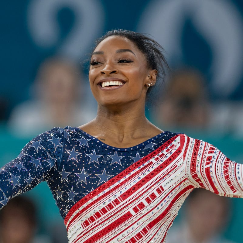 PARIS, FRANCE: JULY 30: Simone Biles of the United States performs her floor routine during the Artistic Gymnastics Team Final for Women at the Bercy Arena during the Paris 2024 Summer Olympic Games on July 30th, 2024 in Paris, France. (Photo by Tim Clayton/Corbis via Getty Images)