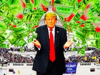 A photo illustration of Donald Trump, flying money, and the Capitol Jan. 6 rioters in 2021.