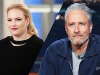 An illustration including photos of Meghan McCain and Jon Stewart