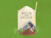 A photo illustration of a gravestone with a TV with Mike Pence on it buried in front of it