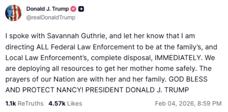 Trump posts about speaking with Savannah Guthrie on Wednesday night.