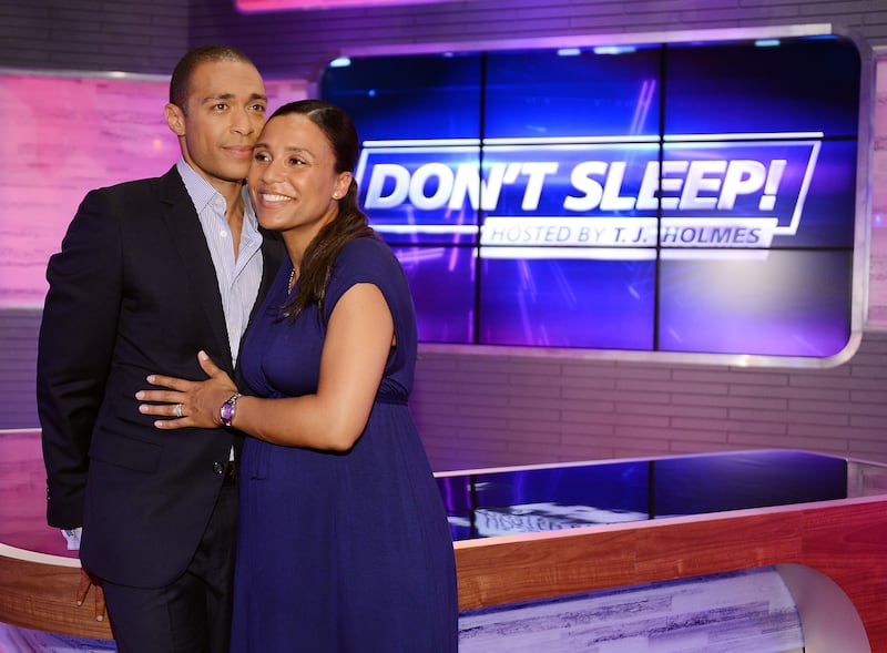 NEW YORK, NY - OCTOBER 01: Host T.J. Holmes and his wife Marilee Fiebig attend the premiere of "Don't Sleep" at BET Studios on October 1, 2012 in New York City. (Photo by Andrew H. Walker/Getty Images)