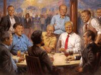 A painting by Andy Thomas shows former Republican presidents, as well as President Donald Trump, sharing a drink together around a table.