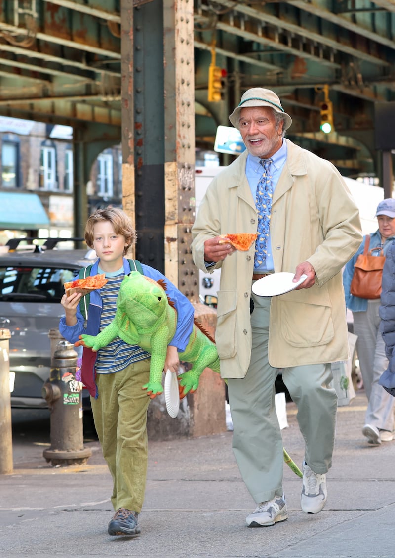 BROOKLYN, NY - OCTOBER 20: Theo Leber and Dwayne Johnson are seen filming on the set of "Lizard Music" on October 20, 2026 in Brooklyn, New York. (Photo by Jose Perez/Bauer-Griffin/GC Images)