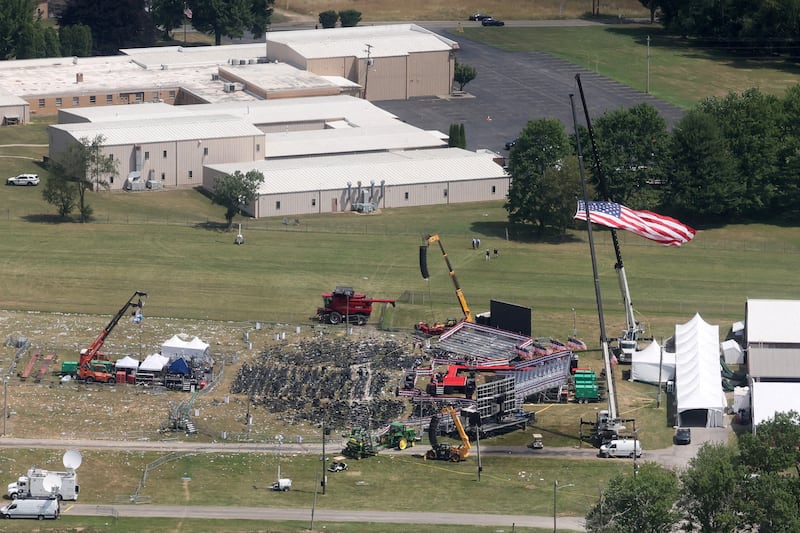 An aerial view shows the stage where Donald Trump was speaking in Butler