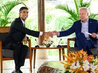 Rishi Sunak shakes hands with President Joe Biden of the United States of America during a bilateral meeting at the G20 summit in Nusa Dua, Indonesia, Nov. 16, 2022.