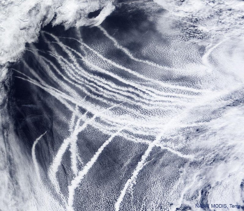 Ship tracks over the pacific ocean caused by shipping container vessels.
