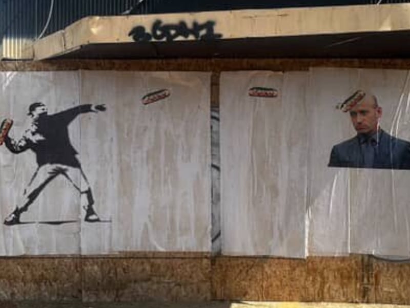 Subway slinger Sean Dunn is the subject of Banksy-style graffiti targeting the Trump administration officials across DC. This one in Anacostia featured Stephen Miller getting hit by a sandwich.