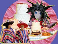 A photo illustration showing controversial outifts from The Great British Bake Off and baked goods.