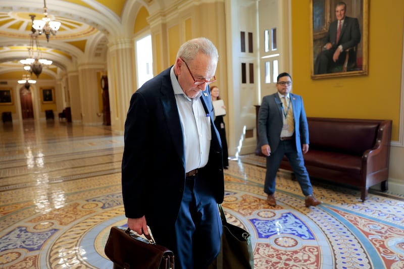 WASHINGTON, DC - APRIL 28: U.S. Senate Minority Leader Chuck Schumer (D-NY) arrives to the U.S. Capitol Building on April 28, 2025 in Washington, DC. Members of the House of the Representatives and the U.S. Senate returned to Washington after a two week recess. (Photo by Anna Moneymaker/Getty Images)