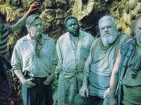 An illustration including a photo of Erroll Shand, Samba Schutte, Rhys Darby, Samson Kayo, Kristian Nairn, Matt Maher in the HBO show Our Flag Means Death
