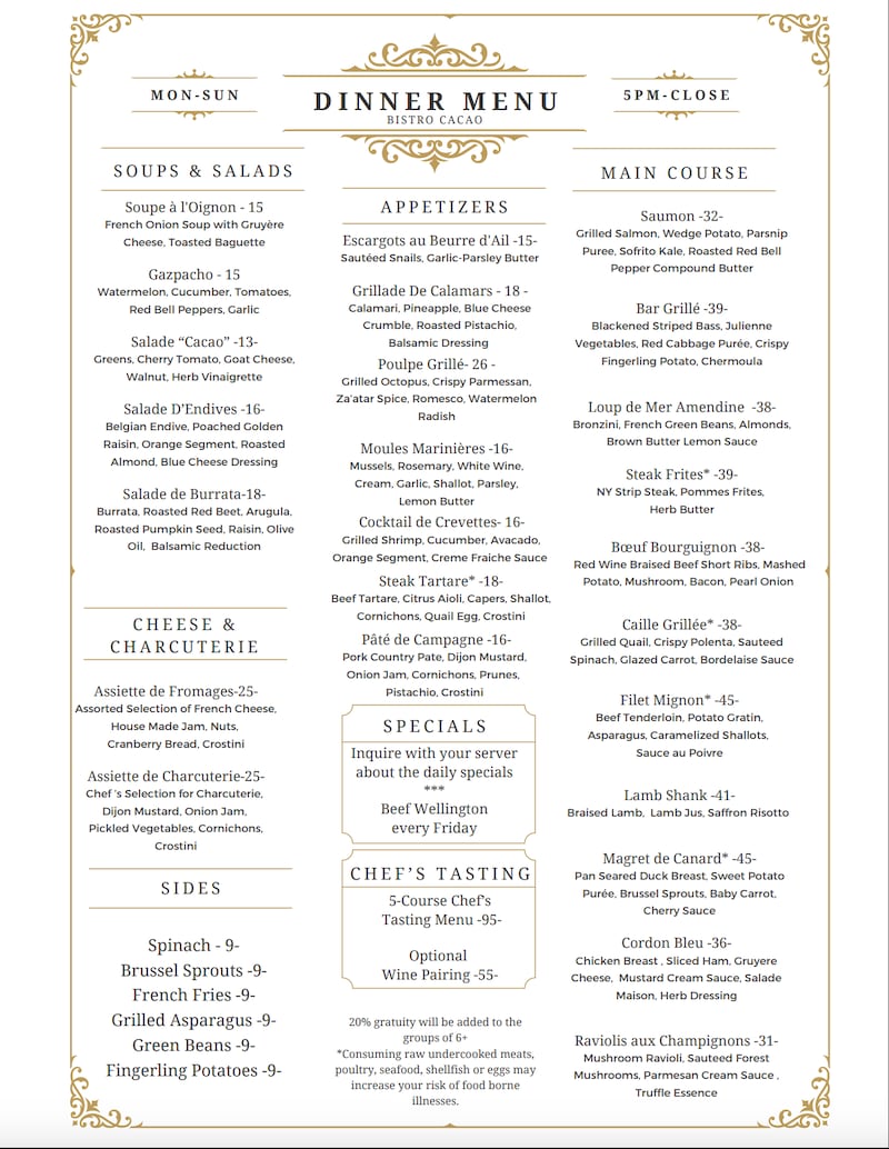 Bistro Cacao menu