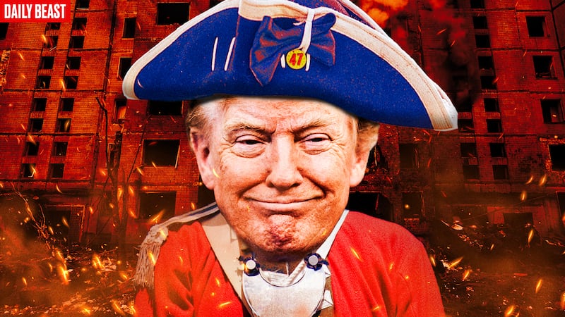 A photo illustration of Donald Trump dressed in British Revolutionary War uniform in front of destruction from the Ukraine war for the Daily Beast podcast.