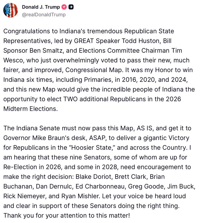 Donald Trump posts about Indiana on Truth Social.