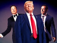 A photo illustration of Elon Musk, Donald Trump, and Peter Thiel.