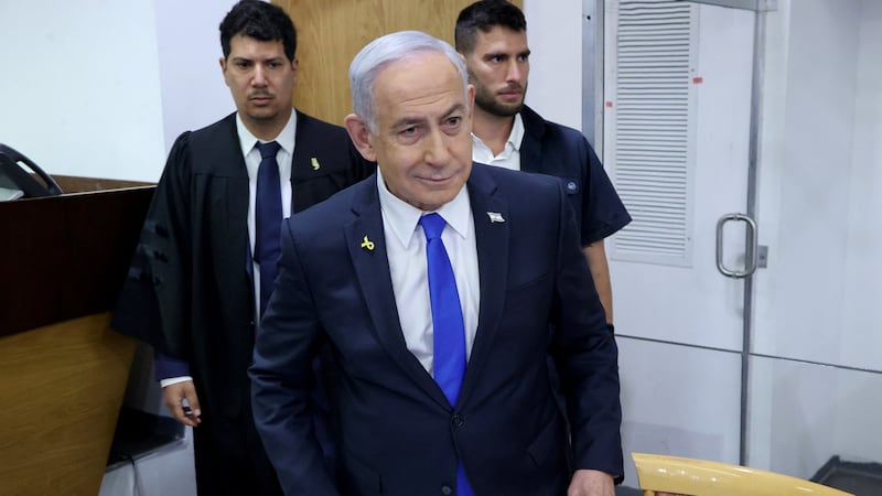 Benjamin Netanyahu attends his trial on corruption charges at the district court in Tel Aviv on April 21, 2025.