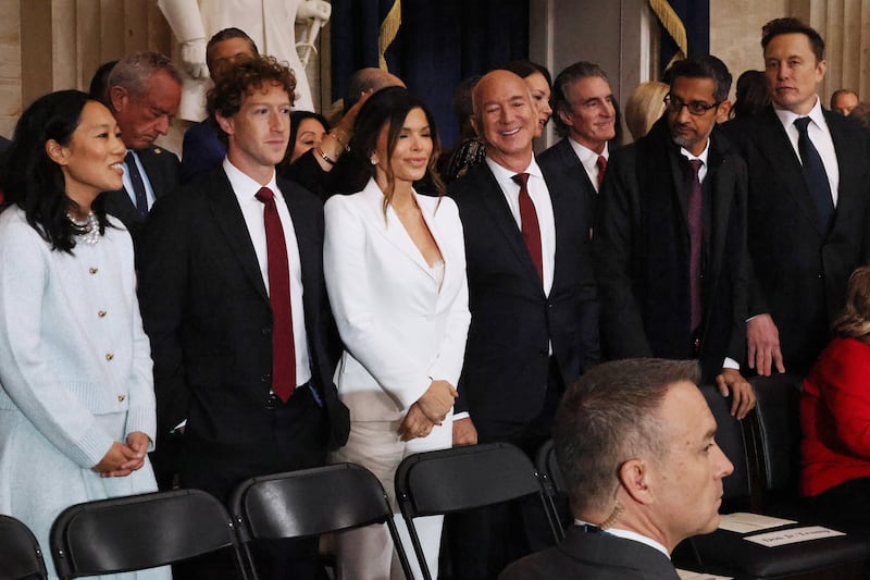 WASHINGTON, DC - JANUARY 20: (L-R) Priscilla Chan, Meta founder Mark Zuckerberg, Lauren Sanchez, Amazon founder Jeff Bezos, Google CEO Sundar Pichai and Tesla CEO Elon Musk attend the inauguration of U.S. President-elect Donald Trump in the Rotunda of the U.S. Capitol on January 20, 2025 in Washington, DC. Donald Trump takes office for his second term as the 47th president of the United States. (Photo by Chip Somodevilla/Getty Images)