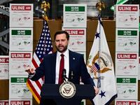 Vice President JD Vance appears Tuesday, Dec. 16, 2025, at a Uline warehouse in Lower Macungie Township, Pennsylvania, where he delivered a speech on the economy during his first visit to the Lehigh Valley since taking office.