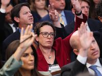 WASHINGTON, DC - SEPTEMBER 09: White House correspondent for The New York Times Maggie Haberman (C) and fellow reporters raise their hands as they wait to be called on during a daily press briefing in the Brady Press Briefing Room at the White House on September 9, 2025 in Washington, DC. Leavitt discussed a range of topics during the briefing including recent immigration enforcement actions by the Trump administration and the release of new documents related to the Jeffrey Epstein investigation by a Congressional committee yesterday. (Photo by Win McNamee/Getty Images)