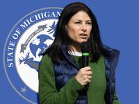 A photo illustration of Michigan AG Dana Nessel on the state seal of Michigan.