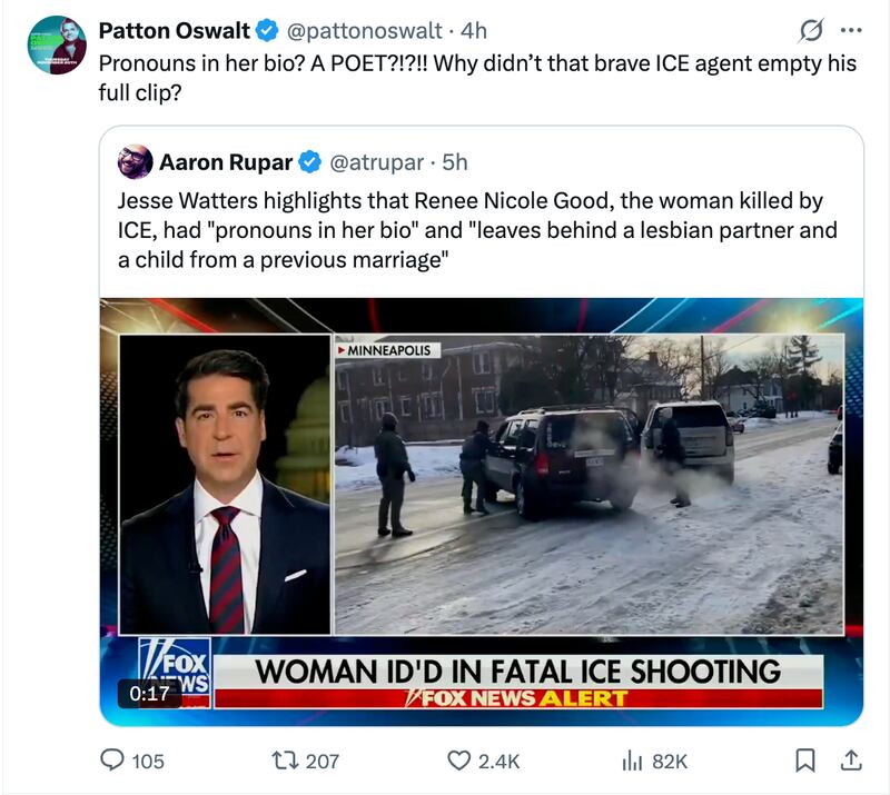 Stand-up comedian and actor Patton Oswalt found some black humor in Watters' rant.