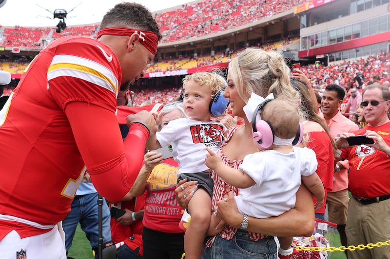 Patrick Mahomes of the Kansas City Chiefs is seen with wife Brittany and their children at Arrowhead Stadium on September 14, 2025, in Kansas City, Missouri.