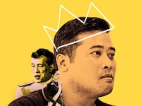 A photo illustration of Thailand’s exiled prince, Vacharaesorn Vivacharawongse, surrounded by his father, King Maha Vajiralongkorn and his half-sister, Princess Bajrakitiyabha.