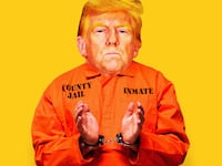 An illustration including a photo of former U.S. President Donald Trump wearing an inmate uniform