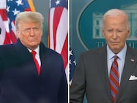 Donald Trump at his Jan. 6 rally and Joe Biden at the White House briefing.