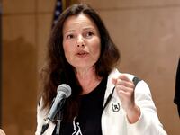 Fran Drescher speaks at a press conference announcing the SAG-AFTRA strike