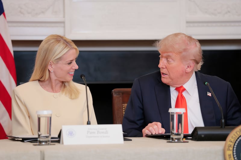 Attorney General Pam Bondi speaks with President Donald Trump at the White House on June 5, 2025 in Washington, D.C.