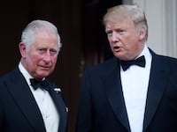 LONDON, ENGLAND - JUNE 04: US President Donald Trump and Prince Charles, Prince of Wales pose ahead of a dinner at Winfield House on June 04, 2019 in London, England.