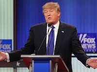 Republican presidential candidate Donald Trump participates in a 2016 debate sponsored by Fox News