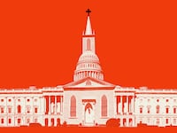 Illustration of the Capitol building with a New England style white church on top and a black cross on top of the spire