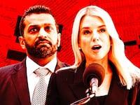 A photo illustration of Kash Patel, Pam Bondi, and a background of Jeffrey Epstein flight logs and documents.