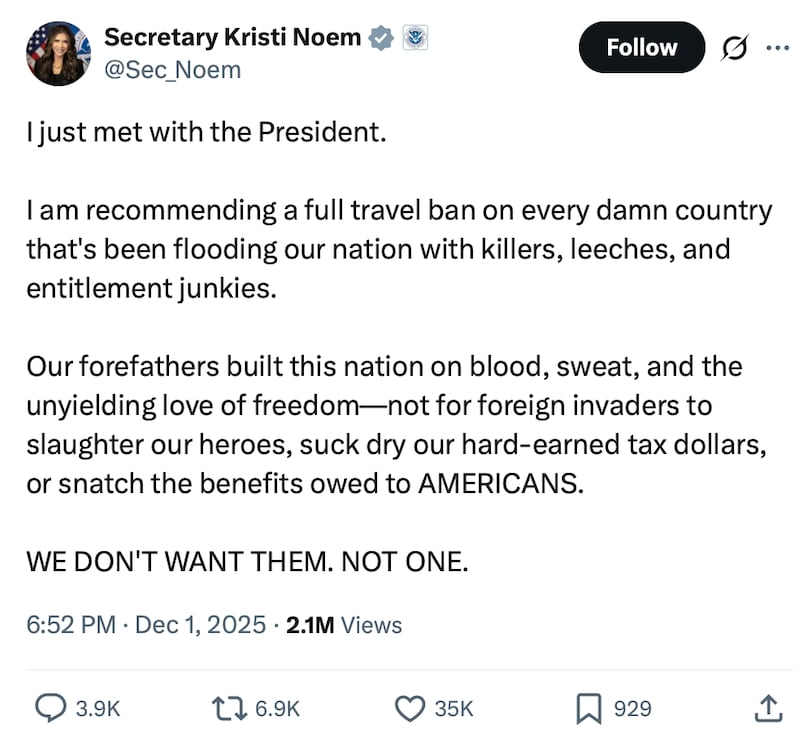Noem posted about countries that have been "flooding our nation with killers, leeches, and entitlement junkies," but didn't name any.