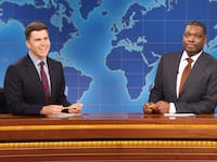 Colin Jost and Michael Che during the “Saturday Night Live” Weekend Update segment on May 18, 2024.
