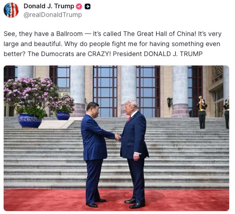 Xi and Trump shaking hands beneath a caption lamenting Democratic opposition to his long-desired White House ballroom.