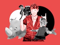 A photo illustration featuring ND Stevenson with characters from Nimona