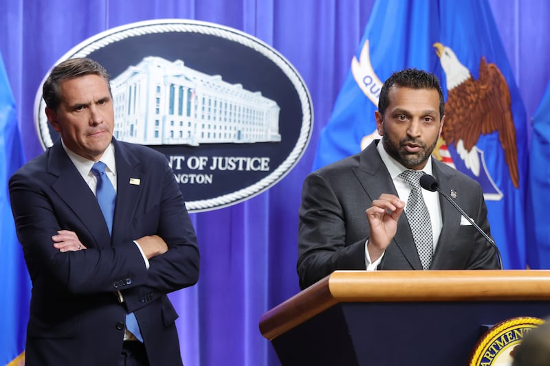 Kash Patel, pictured April 1 with Acting Attorney General Todd Blanche, has slammed The Atlantic's reporting as lies.