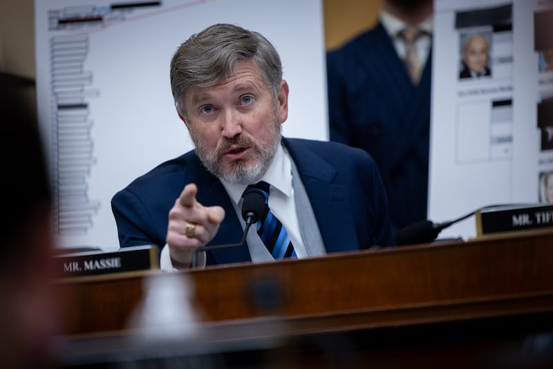 Congressman Thomas Massie (R-KY) questions Attorney General Pam Bondi about the Epstein Files during a hearing before the House Committee on the Judiciary, at the Rayburn House Office Building in Washington, DC on February 11, 2026.