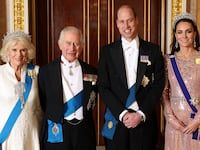 Queen Camilla, King Charles III, Prince William, Prince of Wales and Catherine, Princess of Wales pose for a photograph ahead of the Diplomatic Reception in the 1844 Room at Buckingham Palace.