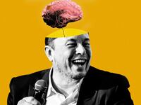 An illustration including a photo of Elon Musk and a floating brain with a brain chip