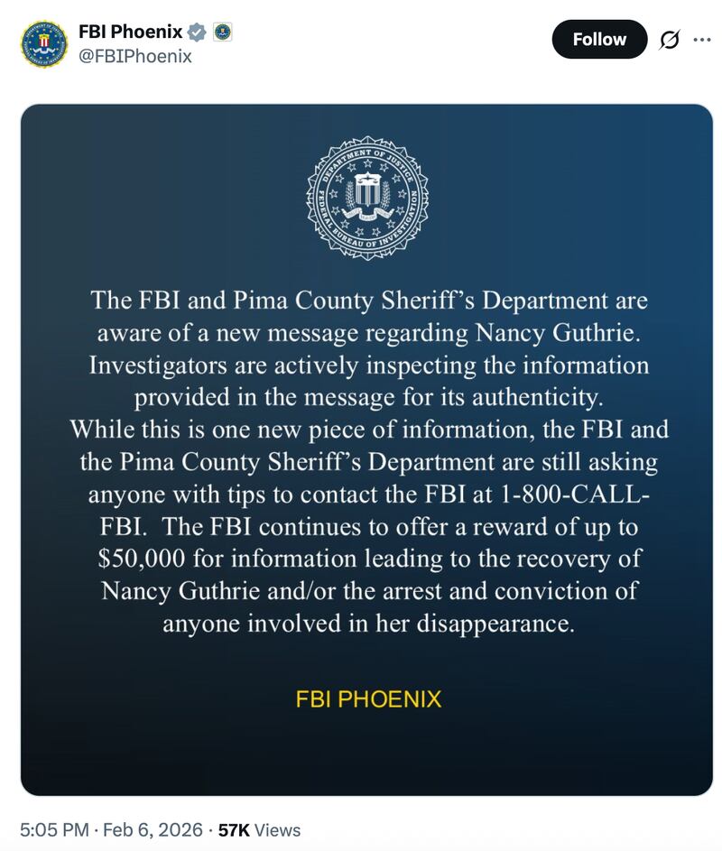 The FBI's Phoenix office announced that a new message about Guthrie's disappearance was received on Friday.
