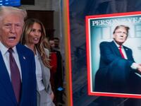 NEW YORK, NEW YORK - DECEMBER 12: President-elect Donald Trump walks onto the floor of the New York Stock Exchange (NYSE) with his wife Melania, after being named TIME’s “Person of the Year” for the second time on December 12, 2024 in New York City. Trump attended a reception and rang the opening bell on the trading floor. (Photo by Spencer Platt/Getty Images)
