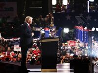 Republican presidential candidate Donald Trump preapres to deliver his speech during the evening session on the fourth day of the Republican National Convention