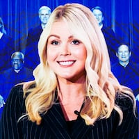 A photo illustration of Karoline Leavitt and the Supreme Court justices.