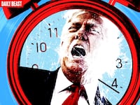 Trump screaming inside an alarm clock